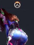  ass bodysuit brown_hair d.va_(overwatch) facial_mark from_behind headphones highres leaning_forward long_hair looking_back overwatch pilot_suit rikamello solo whisker_markings 