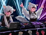  2girls 5others :3 animal_ears animal_print anteater_ears anteater_tail arm_up arms_up at_computer black_eyes black_hair bow bowtie center_frills closed_mouth commentary_request computer dj dual_persona extra_ears frills fur_sleeves gloves hair_between_eyes headphones headphones_around_neck highres index_finger_raised kemono_friends laptop laser long_sleeves looking_at_object looking_to_the_side mixing_console multicolored_hair multiple_girls multiple_others outstretched_arms parted_lips pero_(sabuaka_bacon) print_gloves rave_party shirt short_hair shorts sidelocks smile southern_tamandua_(ex)_(kemono_friends) southern_tamandua_(kemono_friends) stage_lights tail tamandua_ears tamandua_tail turntable two-tone_hair upper_body v-shaped_eyebrows vest vinyl_record white_bow white_bowtie white_hair yellow_bow yellow_bowtie 