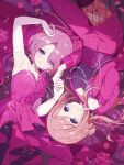  arimura_mao armpits asymmetrical_bangs asymmetrical_pants blue_eyes bob_cut breasts brown_hair cleavage dress earrings fishnets flower gakuen_idolmaster gloves hair_bun hair_over_one_eye high-waist_pants highres himesaki_rinami holding_hands idolmaster jacket jewelry large_breasts long_hair long_sleeves looking_at_viewer lying mochigome_(ununquadium) multiple_girls pants pink_dress pink_hair purple_eyes rose shirt short_hair sleeveless sleeveless_dress smile sugar_flavor_(idolmaster) white_gloves 