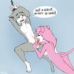  &lt;3 2016 aeris_(vg_cats) anthro bdsm bondage bound cat dialogue duo feline fellatio female fur green_eyes grey_fur grey_hair hair handcuffed handcuffs leo_(vg_cats) male male/female mammal oral penis pink_fur pink_hair sex shackles soupbag vg_cats 