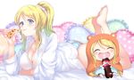  ass ayase_eli blonde_hair blue_eyes blush bottle bottomless breasts brown_eyes cheese_trail chibi cleavage coke collared_shirt doma_umaru dual_persona eating food frilled_pillow frills gorua_(youce01) hamster_costume himouto!_umaru-chan holding_pizza hood komaru large_breasts long_hair love_live! love_live!_school_idol_project lying multiple_girls on_stomach one_side_up open_mouth panties pillow pizza ponytail scrunchie shirt smile soda soda_bottle striped striped_panties underwear white_shirt 