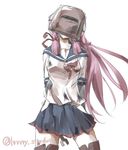  akashi_(kantai_collection) blue_skirt cowboy_shot dirty_clothes hair_ribbon head_tilt hip_vent kantai_collection long_hair long_sleeves pink_hair pleated_skirt ribbon school_uniform serafuku skirt solo sutaa_dasuto-kun thighhighs tress_ribbon welding_mask wrench 