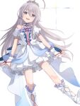 1girl ahoge bare_shoulders beaky45779868 blush boots bracelet braid clothing_cutout commentary_request dot_nose dress feet_out_of_frame fingerless_gloves gem gloves grey_eyes grey_hair hair_between_eyes hair_ribbon highres hoshi_syoko idolmaster idolmaster_cinderella_girls jewelry long_hair looking_at_viewer off-shoulder_dress off_shoulder open_mouth pearl_bracelet red_gem ribbon side_braid silver_tiara single_braid smile solo standing standing_on_one_leg very_long_hair white_background white_boots white_dress white_gloves white_ribbon 