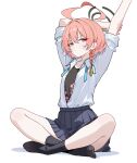  1girl absurdres ahoge arm_behind_head arms_up black_halo black_socks blue_archive blue_skirt blush braid chinese_commentary collared_shirt commentary_request floral_print floral_print_shirt hair_between_eyes halo highres huge_ahoge indian_style looking_at_viewer mole mole_under_each_eye mole_under_eye multiple_moles neck_ribbon neru_(blue_archive) neru_(school_uniform)_(blue_archive) official_alternate_costume orange_hair pleated_skirt print_shirt red_eyes ribbon school_uniform shirt shirt_tucked_in side_braid simple_background single_braid sitting skirt sleeves_rolled_up socks solo stretching tag undone_neck_ribbon white_background white_shirt xingyun_fankic 