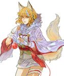  animal_ears ball bangs blonde_hair blue_hair cowboy_shot fingerless_gloves fire_emblem fire_emblem_if fox_ears fox_tail fur_trim gloves highres jyuv kinu_(fire_emblem_if) multicolored_hair shaded_face simple_background solo tail two-tone_hair white_background yellow_eyes 