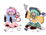  2girls absurdres black_boots black_hairband black_hat blank_eyes blue_shirt blush boots bow buttons chasing cleaver collared_shirt commentary diamond_button disembodied_linked_eye eyeball fleeing fold-over_boots frilled_shirt_collar frilled_sleeves frills green_eyes green_hair green_skirt hair_ornament hairband hat hat_bow heart heart_hair_ornament highres holding holding_cleaver komeiji_koishi komeiji_satori korean_commentary long_sleeves magg_(user_mtca8588) multiple_girls open_mouth pink_hair pink_skirt pink_slippers running shirt siblings sisters skirt slippers smile socks touhou two-tone_skirt white_skirt white_socks wide_sleeves yellow_bow yellow_shirt 