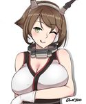  blush breast_hold breasts brown_hair cleavage gloves green_eyes hairband hayabusa head_tilt highres huge_breasts kantai_collection licking_lips looking_at_viewer mutsu_(kantai_collection) one_eye_closed radio_antenna short_hair signature simple_background solo tongue tongue_out upper_body white_background white_gloves 