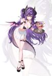  1girl absurdres apron bare_shoulders bikini black_choker breasts choker cleavage commentary crossed_legs dragon_horns dragon_tail dragon_wings food frilled_bikini frills full_body grin halterneck highres holding holding_spoon holding_tray horns large_breasts leaning_forward long_hair looking_at_viewer maid maid_apron maid_bikini maid_headdress mond_sl parfait platform_sandals pointy_ears purple_hair sakihane_huya sandals simple_background smile solo spoon standing stellive string_bikini swimsuit tail thigh_strap tray two_side_up unconventional_maid untranslatable_commentary very_long_hair virtual_youtuber waist_apron watson_cross white_background wings yellow_eyes zoom_layer 