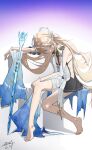  1girl absurdres arm_rest bare_legs bare_shoulders barefoot black_dress blonde_hair blue_eyes bracelet breasts cartethyia_(wuthering_waves) chinese_commentary closed_mouth commentary_request dress earrings feet full_body gradient_background hair_flowing_over hair_intakes head_down highres invisible_chair jewelry legs long_hair looking_at_viewer looking_to_the_side middle_part multiple_earrings parted_bangs plantar_flexion pointy_ears purple_background sideless_outfit signature silver_bracelet sitting small_breasts solo stole sword tabard tacet_mark_(wuthering_waves) toes very_long_hair weapon weiqi_ban_ge_yue white_tabard wuthering_waves 