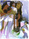  1girl :d arm_up asymmetrical_pants black_hair bright_pupils caraway_(pokemon) coat colored_inner_hair commentary gloves hatterene highres long_hair mayotsunamayo multicolored_hair navel open_mouth pokemon pokemon_(creature) pokemon_champions red_eyes serperior shoes sidelocks smile standing teeth upper_teeth_only white_coat white_gloves white_pupils white_shoes 