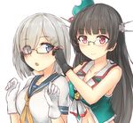  :o azuhira bespectacled black_gloves black_hair blue_eyes blush breasts choukai_(kantai_collection) cleavage eyes_visible_through_hair glasses gloves hair_ornament hair_over_one_eye hairclip hamakaze_(kantai_collection) hat kantai_collection large_breasts long_hair looking_at_viewer midriff mini_hat multiple_girls navel red_eyes remodel_(kantai_collection) rimless_eyewear school_uniform semi-rimless_eyewear serafuku short_hair silver_hair smile under-rim_eyewear white_background white_gloves 