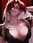  1girl absurdres breasts collarbone commentary_request earrings hidari_(yomi_no_tsugai) highres horns jewelry korean_commentary large_breasts multicolored_hair muscular muscular_female parted_bangs qoemfjr_mmm red_hair single_horn skin-covered_horns small_horns solo two-tone_hair upper_body white_hair yomi_no_tsugai 