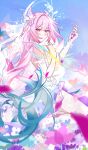  1girl amphoreus_(honkai:_star_rail) as_i've_written_(honkai:_star_rail) blue_sky book bridal_veil chengzhiheshanzha chinese_commentary commentary_request cyrene_(demiurge)_(honkai:_star_rail) cyrene_(honkai:_star_rail) diamond-shaped_pupils diamond_(shape) dress flower hair_flower hair_ornament halo highres holding holding_book honkai:_star_rail honkai_(series) long_hair looking_at_viewer mobius_strip multicolored_hair pink_hair purple_eyes sky smile solo symbol-shaped_pupils two-tone_hair veil very_long_hair white_dress 