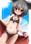  animal_ears bikini black_bikini blue_sky blush bracelet cloud day dutch_angle full-face_blush grey_hair jewelry kihuzinz looking_at_viewer midriff mouse_ears mouse_tail navel nazrin necklace open_mouth red_eyes sarong short_hair sky smile solo sun swimsuit tail touhou 