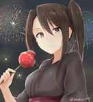  azuhira black_hair brown_eyes candy_apple fireworks food japanese_clothes kantai_collection kimono long_hair looking_at_viewer nachi_(kantai_collection) side_ponytail smile solo twitter_username 