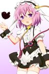  9law alternate_costume alternate_headwear animal_ears apron bird blush bunny_ears cosplay eyeball fake_animal_ears fleur_de_lapin_uniform frills gochuumon_wa_usagi_desu_ka? gradient gradient_background hairband heart komeiji_satori lavender_background lolita_hairband looking_at_viewer miniskirt open_mouth pink_hair puffy_sleeves purple_eyes reiuji_utsuho reiuji_utsuho_(bird) shirt short_hair short_sleeves simple_background skirt solo string thighhighs third_eye touhou vest waist_apron white_legwear wrist_cuffs zettai_ryouiki 