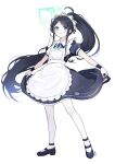  1girl apron aris_(blue_archive) aris_(maid)_(blue_archive) ataru_(ataru_squall) black_dress black_hair black_shoes blue_archive blue_eyes closed_mouth commentary_request dress full_body halo highres holding_own_dress light_blush long_hair looking_at_viewer maid maid_apron maid_headdress mary_janes official_alternate_costume pantyhose ponytail puffy_short_sleeves puffy_sleeves shoes short_sleeves sidelocks signature solo very_long_hair white_apron white_pantyhose 