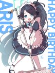  1girl absurdres apron aqua_halo aris_(blue_archive) aris_(maid)_(blue_archive) black_hair blue_archive blue_eyes character_name commentary dot_nose english_text foot_out_of_frame halo happy_birthday highres hirw holding holding_mop kei_(orange_robot)_(blue_archive) long_hair looking_at_viewer maid maid_apron maid_headdress mop neck_ribbon open_mouth ponytail puffy_sleeves ribbon short_sleeves signature smile solo strappy_heels teeth upper_teeth_only very_long_hair 