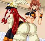  2girls animal_ears arc_system_works ass bare_shoulders bent_over black_legwear blazblue blue_eyes blush boots breasts brown_hair from_behind hair_tubes hat huge_ass large_breasts long_hair looking_back makoto_nanaya multiple_girls open_mouth red_hair seraphina short_hair sideboob smile spanked tsubaki_yayoi underboob uniform 