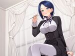  1girl black_jacket blue_ribbon blush breasts butler center_frills curtains female_butler frills highres holding indoors jacket large_breasts long_sleeves looking_at_viewer mimikaki monobe_tsukuri neck_ribbon original pantyhose parted_bangs parted_lips ribbon shirt short_hair sitting solo voice_drama_available white_pantyhose white_shirt 