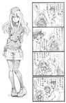  2girls 4koma admiral_(kantai_collection) akashi_(kantai_collection) alternate_costume arm_behind_back arm_grab bare_shoulders bbb_(friskuser) clipboard comic commentary_request cosplay crossed_arms faceless faceless_male facial_hair flower garrison_cap greyscale hair_flower hair_ornament hair_ribbon hand_on_own_arm hand_on_own_chest hat highres holding holding_pen kantai_collection long_hair long_sleeves looking_at_viewer military military_uniform monochrome multiple_boys multiple_girls mustache naval_uniform no_hat no_headwear open_mouth pantyhose peaked_cap pen revision ribbon ro-500_(kantai_collection) ro-500_(kantai_collection)_(cosplay) sailor_collar school_uniform serafuku shoes short_hair shorts simple_background smile sneakers surprised sweatdrop translated tress_ribbon u-511_(kantai_collection) uniform 
