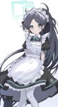  1girl absurdres apron aris_(blue_archive) aris_(maid)_(blue_archive) arms_behind_back black_dress black_hair blue_archive blue_eyes blue_halo blue_ribbon blush commentary dot_nose dress feet_out_of_frame frilled_apron frills halo highres long_hair looking_at_viewer maid maid_apron maid_headdress official_alternate_costume pantyhose parted_bangs ribbon ringed_eyes short_sleeves simple_background smile solo standing toki_(yoyobozi) very_long_hair white_apron white_background white_pantyhose 
