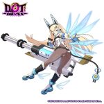  1girl animal_ears ass blonde_hair blue_eyes boots breasts dot_abyss elbow_gloves electra_(dot_abyss) fake_animal_ears full_body game_asset gloves gun hifumi_chiyoko highres leotard long_hair looking_at_viewer looking_back mechanical_ears official_art pantyhose solo tail weapon white_background wings 