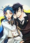  black_gloves black_hair blue_hair cape closed_eyes eyepatch feathers gloves hair_feathers hand_on_another's_shoulder male_focus mon_(monsohot) multiple_boys necktie open_mouth shokudaikiri_mitsutada shorts smile sweat taikogane_sadamune tears touken_ranbu yellow_eyes 