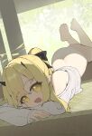 1girl :d absurdres alternate_costume biluoyao black_horns blonde_hair blue_archive chinese_commentary commentary_request crossed_arms demon_girl demon_horns fang feet_up halo highres horns ibuki_(blue_archive) long_hair long_sleeves looking_at_viewer lying missing_tail missing_wings on_stomach open_mouth panties pointy_ears ponytail shirt single_bare_shoulder skin_fang smile solo underwear white_panties white_shirt yellow_eyes yellow_halo 
