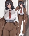  1girl 258n alternate_breast_size_(larger) black_hair breasts brown_hat brown_jacket brown_pants brown_shoes closed_mouth collared_shirt flat_cap hat highres huge_breasts jacket leaning_forward loafers long_sleeves looking_at_viewer missing_wings multiple_views necktie newsboy_cap open_clothes open_jacket open_mouth opened_by_self pants pointy_ears red_eyes red_necktie shameimaru_aya shameimaru_aya_(newsboy) shirt shoes smile socks touhou undressing white_shirt white_socks 