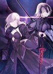  armor artoria_pendragon_(all) black_dress breasts capelet chain commentary_request criss-cross_halter dark_excalibur dress fate/grand_order fate/stay_night fate_(series) flag gauntlets halterneck headpiece highres jeanne_d'arc_(alter)_(fate) jeanne_d'arc_(fate)_(all) juliet_sleeves large_breasts long_sleeves multiple_girls puffy_sleeves saber_alter short_hair smile trait_connection white_hair wide_sleeves wowishi yellow_eyes 