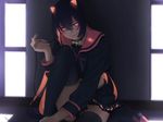  aconitea animal_ears barefoot black_hair catgirl cropped long_hair orange_eyes original skirt 