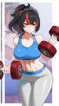  1girl absurdres black_hair blue_sports_bra breasts chinese_commentary collarbone commentary_request dumbbell exercising grey_pants hairband highres large_breasts metal_hairband midriff multicolored_hair navel pants red_hair smile solo sports_bra streaked_hair tang_ke thigh_gap toned toned_female weightlifting yoga_pants zenless_zone_zero zhu_yuan zoom_layer 