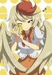  1girl animal_on_head baby_animal bird bird_on_head blonde_hair breasts chick chicken_wing coat collared_shirt dress feathered_wings gurina_15 highres light_smile medium_breasts medium_hair multicolored_hair musical_note niwatari_kutaka on_head one_eye_closed orange_dress orange_skirt red_eyes red_hair red_ribbon revision ribbon shirt short_hair skirt solo touhou two-tone_hair watermark white_background white_coat wily_beast_and_weakest_creature wings yellow_wings 