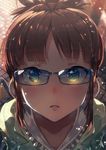  akizuki_ritsuko antenna_hair bad_id bad_pixiv_id bangs blush brown_hair close-up collarbone eyebrows eyebrows_visible_through_hair frills glasses green_eyes highres idolmaster idolmaster_(classic) idolmaster_million_live! looking_at_viewer narumi_arata parted_lips ponytail portrait revision sidelocks solo 