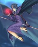  blue_eyes blue_hair cape caster dress energy_ball fate/stay_night fate_(series) floating hat high_heels long_dress magic revision solo staff tsukikanade 