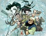  6+boys bald bandana beard black_hair character_request chinese_clothes chonmage closed_eyes commentary_request crossed_arms dudou eyepatch facial_hair fishing_rod frown gender_request holding holding_fishing_rod holding_sword holding_weapon japanese_clothes kazenoshin_ganbaru multiple_boys mustache one_eye_closed seigaiha smile sword topknot weapon xia1844 