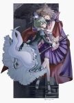  2girls bare_shoulders belt blonde_hair cape commentary dress earphones floating frills full_body ghost_tail gradient_clothes gradient_shirt green_dress green_eyes green_hair hair_between_eyes hat highres hug long_sleeves looking_at_another medium_hair multiple_girls onnoji_mi parted_lips pink_shirt pointy_ears purple_cape purple_skirt red_cape sandals shirt skirt sleeveless sleeveless_shirt smile socks soga_no_tojiko sword tate_eboshi touhou toyosatomimi_no_miko twitter_username two-tone_cape weapon white_socks yellow_eyes 