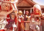  6+girls absurdres bag black_hair blonde_hair blue_eyes bungo_yayoi closed_mouth commentary_request crab_claw green_hair grey_hair hat heaven_burns_red highres holding holding_orb kanzaki_adelheid kanzaki_adelheid_(ice_crystal_hexerei) kr_woyue long_hair multiple_girls orange_eyes orb purple_hair red_eyes sakuraba_seira satsuki_mari shoulder_bag team_31c_(heaven_burns_red) temple tenne_miko witch_hat yamawaki_bon_ivar 
