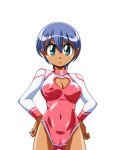  1girl angry blue_hair breasts cleavage cleavage_cutout closed_mouth clothing_cutout covered_navel covered_nipples cowboy_shot dark-skinned_female dark_skin game_asset green_eyes hair_between_eyes hands_on_own_hips large_breasts large_variant_set leotard long_sleeves lowres manjuverunu_no_sen_otome multicolored_leotard non-web_source official_art sally_merci_(manjuverunu) self-datamine short_hair simple_background siubomanjyu solo tachi-e thighs transparent_background two-tone_leotard v-shaped_eyebrows variant_set 