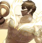  1boy abs bara biceps bodysuit brown_eyes brown_hair commentary covered_nipples dumbbell eikthyrnir_(fire_emblem) english_commentary exercising fire_emblem fire_emblem_heroes highres holding holding_dumbbell large_pectorals male_focus manly mask masked mature_male mouth_mask muscular muscular_arms muscular_male pectorals short_hair simple_background solo spiked_hair sweat sweatdrop thick_eyebrows weightlifting wet wet_clothes wyatt.w 