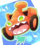  blue_background commentary_request full_body green_eyes no_humans open_mouth pokemon pokemon_(creature) pokemon_focus rotom rotom_(mow) sharp_teeth sin_raiga solo teeth 