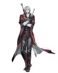  absurdres beard_stubble belt belt_buckle blue_eyes buckle coat crossed_arms dante_(devil_may_cry) devil_may_cry_(series) devil_may_cry_4 facial_hair full_body highres holding holding_sword holding_weapon multiple_belts rebellion_(sword) red_coat riio sheath sheathed simple_background smirk solo stubble sword sword_on_back weapon weapon_on_back white_background white_hair yamato_(sword) 