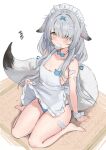  1girl animal_ears apron apron_lift azur_lane barefoot blue_panties blush breasts brown_eyes cleavage clothes_lift commentary_request fox_ears fox_girl fox_tail grey_hair highres lifting_own_clothes long_hair maid_headdress miyuki_(azur_lane) miyuki_(mochi_mishaps)_(azur_lane) mouth_hold no_shirt panties sitting solo soul_(dp11) tail thighs underwear white_apron wrist_cuffs 