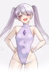  1girl :d alternate_costume breasts chest_jewel commentary covered_navel english_commentary fang gem grey_background grey_hair hand_jewel hands_on_own_hips highleg highleg_one-piece_swimsuit highres hololive hololive_english jewel_under_eye koseki_bijou long_hair looking_at_viewer nurizza_ilst one-piece_swimsuit open_mouth purple_eyes purple_gem purple_one-piece_swimsuit simple_background skin_fang small_breasts smile smug solo swept_bangs swimsuit twintails very_long_hair virtual_youtuber 