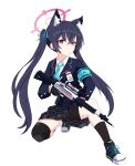  1girl absurdres animal_ear_fluff animal_ears assault_rifle beretta_ar70/90 black_gloves black_hair black_shoes black_shorts black_socks blue_archive blue_jacket blue_necktie cat_ears cat_girl closed_mouth collared_shirt commentary extra_ears gloves grey_skirt gun hair_between_eyes halo highres holding holding_gun holding_weapon jacket kneehighs long_hair mili_mli necktie on_one_knee pink_halo plaid_clothes plaid_skirt pleated_skirt red_eyes rifle serika_(blue_archive) shirt shoes short_shorts shorts shorts_under_skirt skirt sneakers socks solo twintails upskirt very_long_hair weapon white_background white_shirt 