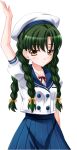  1girl blue_sailor_collar blue_skirt bow braid buttons closed_mouth collarbone double-breasted game_asset green_hair hair_bow hat kamiyama_biiko long_hair mikoshi_matsuri multiple_braids nega0 non-web_source official_art puffy_sleeves quad_braids red_bow ribbon sailor_collar school_uniform shirt short_sleeves skirt tachi-e transparent_background white_hat white_shirt yellow_bow yellow_eyes 