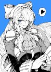  1girl absurdres ascot blue_background bow breasts clothing_cutout commentary dress facing_viewer greyscale_with_colored_background hair_bow hair_over_one_eye hand_fan heart highres holding holding_fan large_breasts long_hair long_sleeves mole mole_under_mouth monochrome pointy_ears shoulder_cutout smile solo spoken_heart spot_color upper_body velina_airgid yotsumi_shiro zenless_zone_zero 
