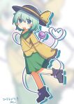  1girl :d azp_29 black_boots black_hat blurry blurry_background blush_stickers boots bow buttons commentary_request contrast_collar dated diamond_button disembodied_linked_eye dot_nose drop_shadow eyeball frilled_shirt_collar frilled_sleeves frills full_body green_eyes green_hair green_skirt hat hat_bow hat_ribbon heart heart_of_string highres komeiji_koishi leg_up long_sleeves looking_at_viewer medium_hair open_mouth outline ribbon shirt signature skirt sleeves_past_fingers sleeves_past_wrists smile solo touhou turning_head white_outline wide_sleeves yellow_bow yellow_ribbon yellow_shirt zoom_layer 