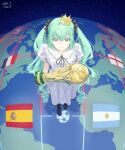  1girl 2026_fifa_world_cup absurdres aqua_eyes aqua_hair argentinian_flag blue_eyes blue_hair brazilian_flag commentary crown dress earth_(planet) english_commentary english_flag fifa_world_cup_trophy french_flag german_flag hair_ornament hatsune_miku hatsune_miku_world_cup_custody_battle_(meme) highres holding holding_trophy long_hair meme mini_crown planet ribbon shkz9 smile solo spanish_flag trophy twintails twitter_username very_long_hair vocaloid world_cup world_is_mine_(vocaloid) 